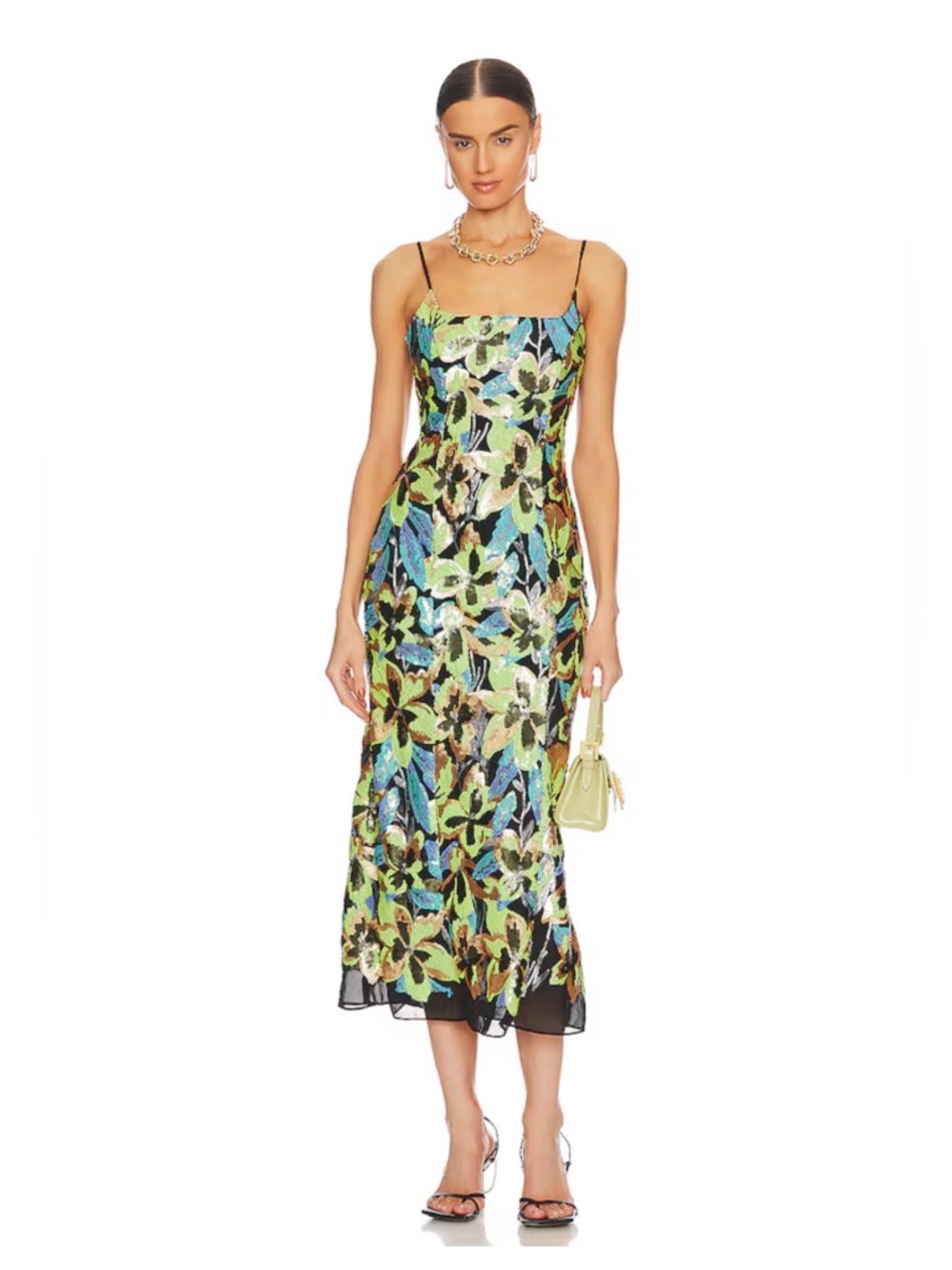 Elliatt Floral Sequin Midi Dress in Green and Blue